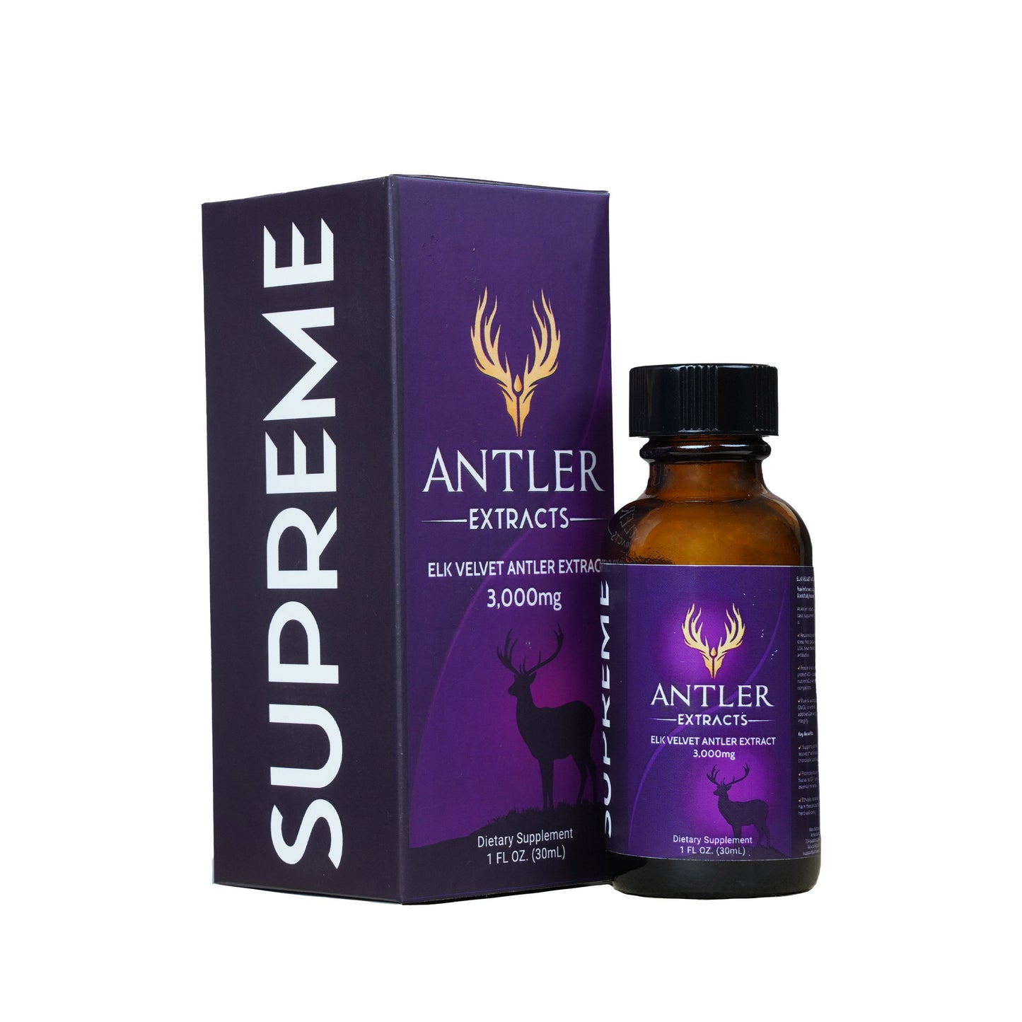 Antler Extracts Supreme Elk Velvet Antler Extract – 3,000mg + Tribulus | Bottle and Box